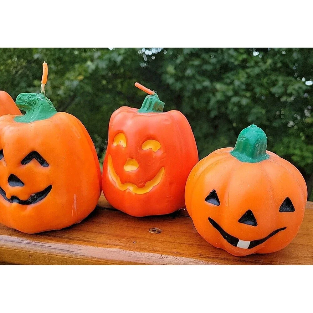 Lot of 4 Vintage Jack o Lantern Halloween Candle Pumpkin Goofy  Kitschy FLAW